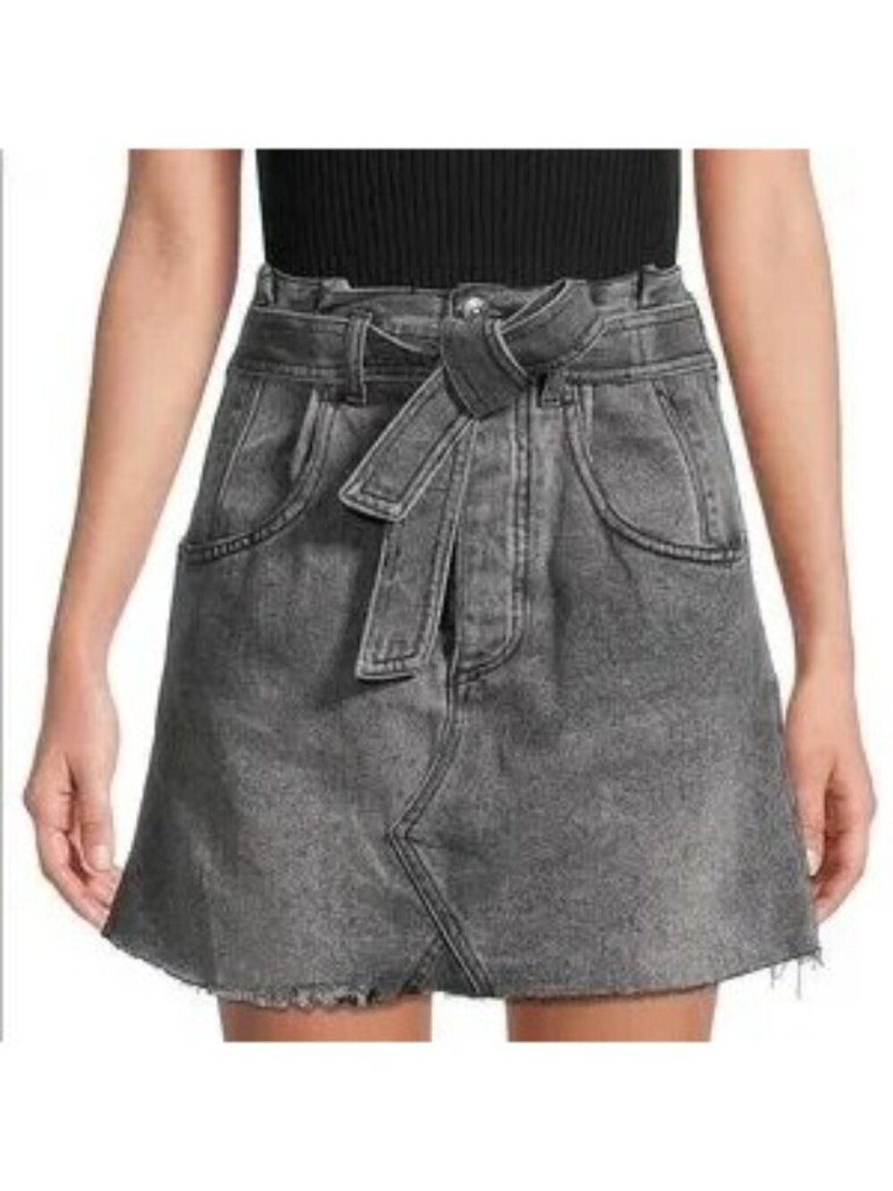 Free People East of Eden Black Denim Belted Mini Skirt - Picture 2 of 11